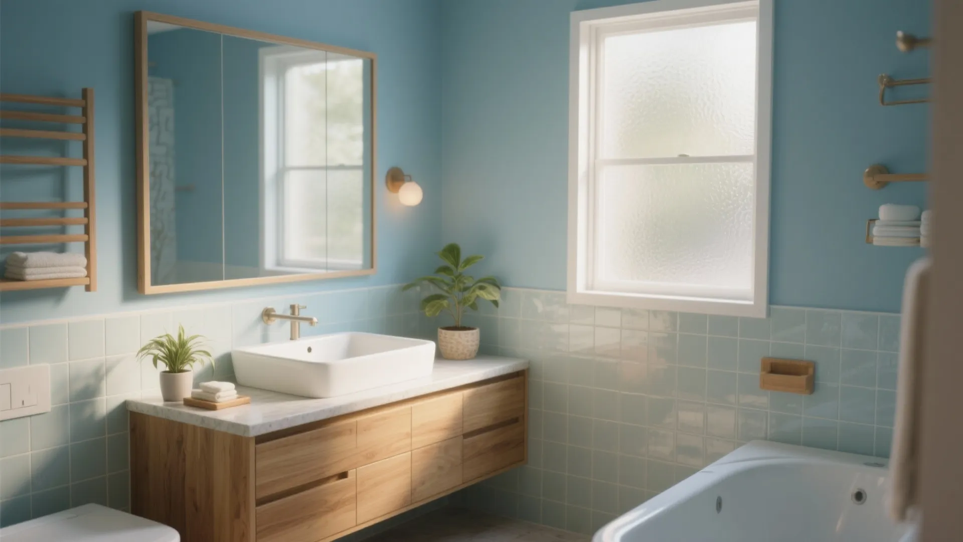 Blue bathroom with wooden cabinet and white sink under a mirror next to a window