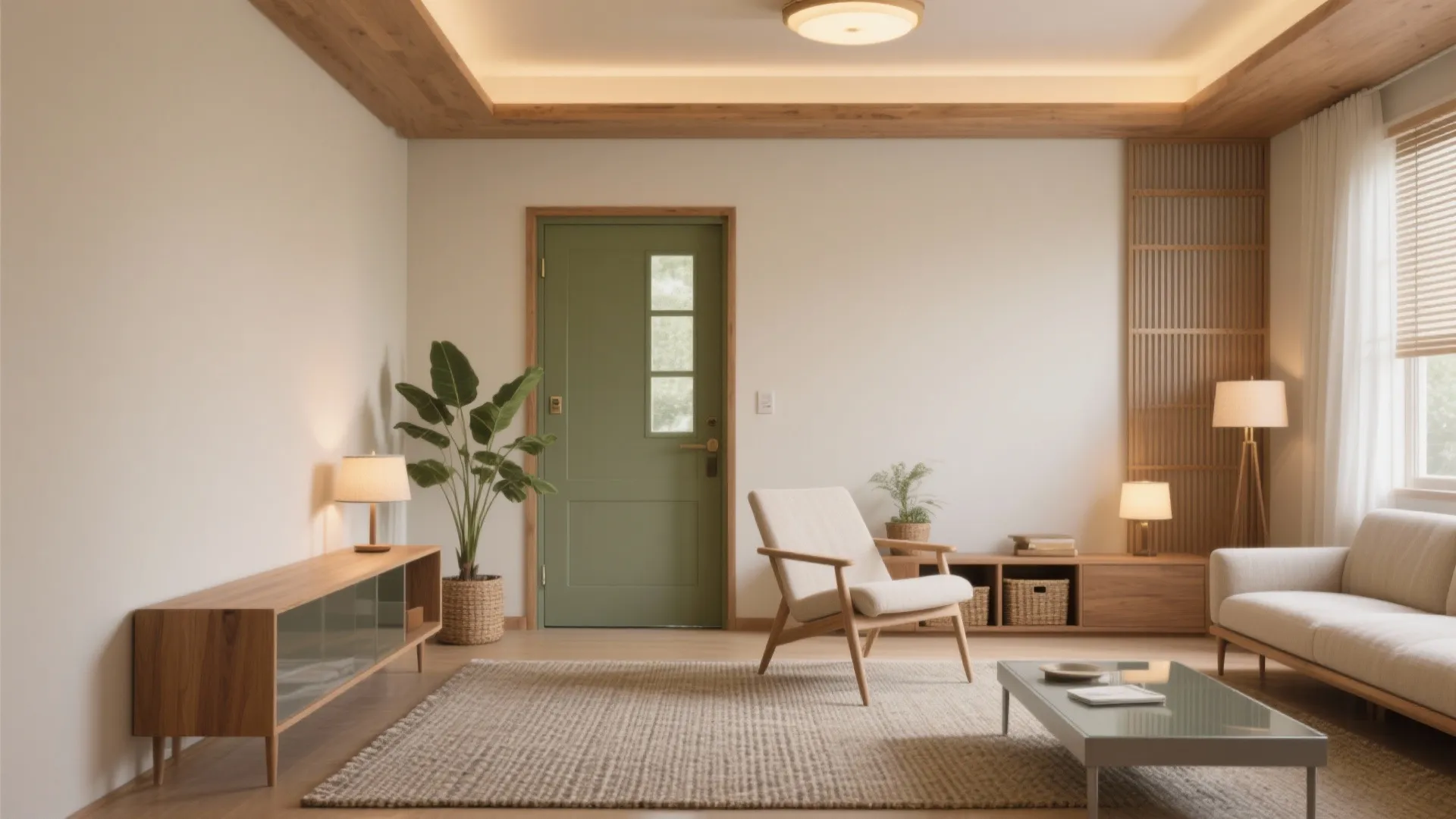Cozy living room interior with a green door white walls wooden cabinet and armchair design