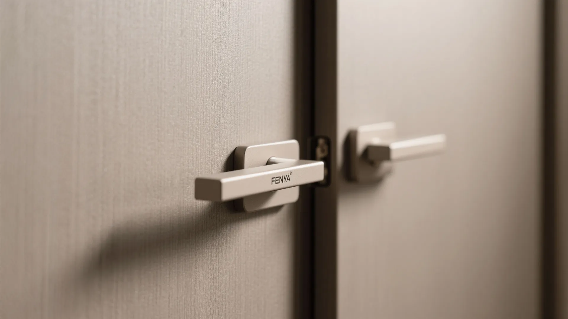 Close up of a modern door handle on a brown textured door with soft lighting