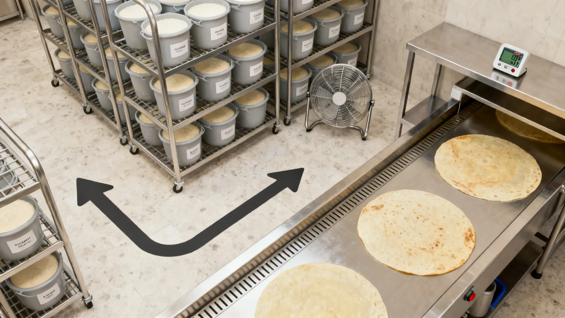 Top-down view of fermentation workflow from wet zone to racks to dosa line.