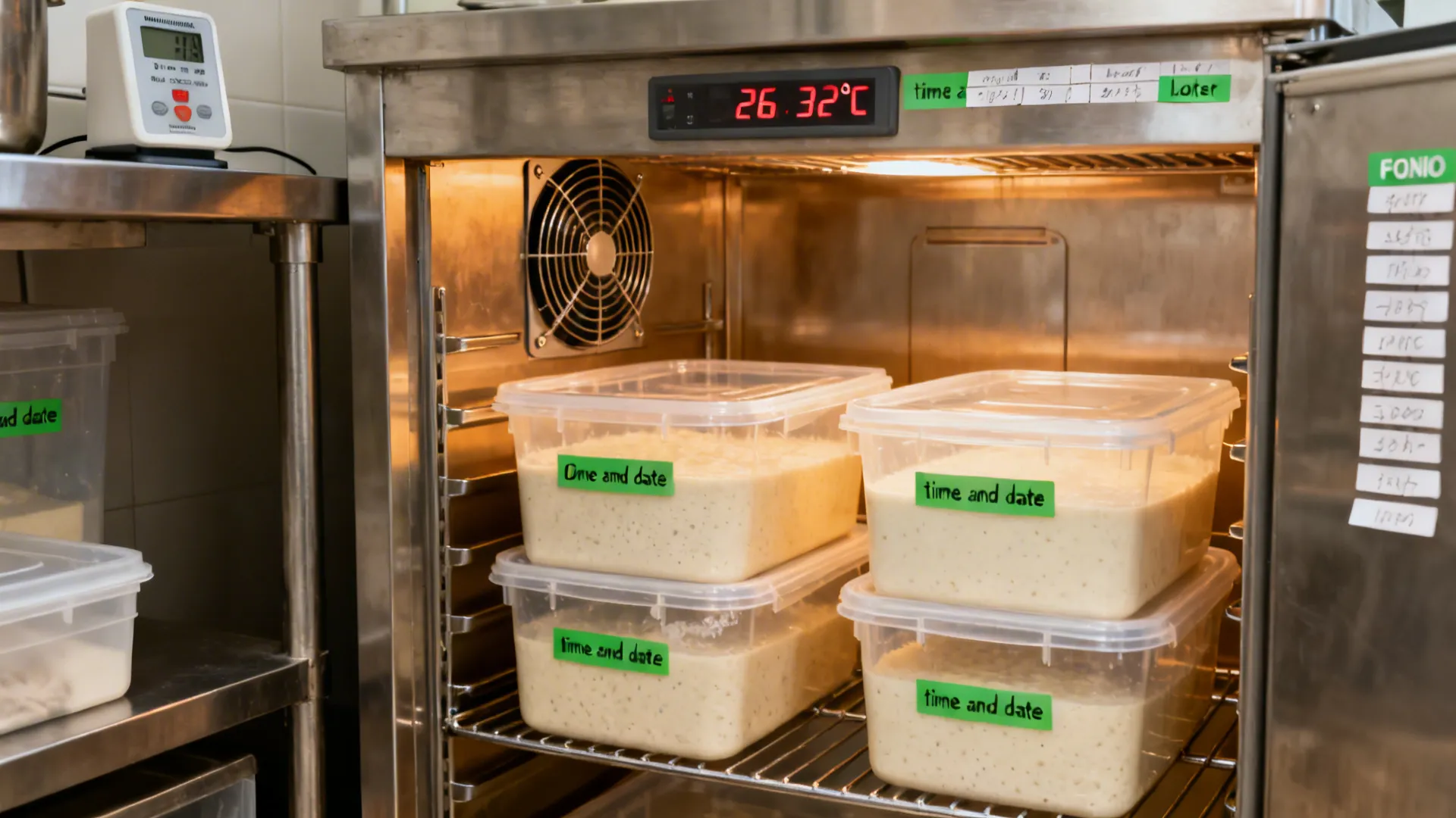 Fermentation racks with labeled batter tubs, gentle airflow, and a temperature logger.