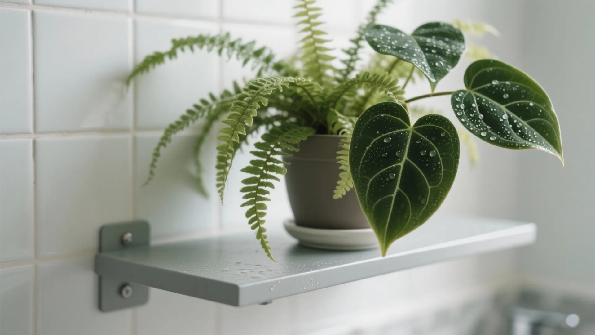 Macro of fern fronds and philodendron leaves with dewdrops on a slim shelf.