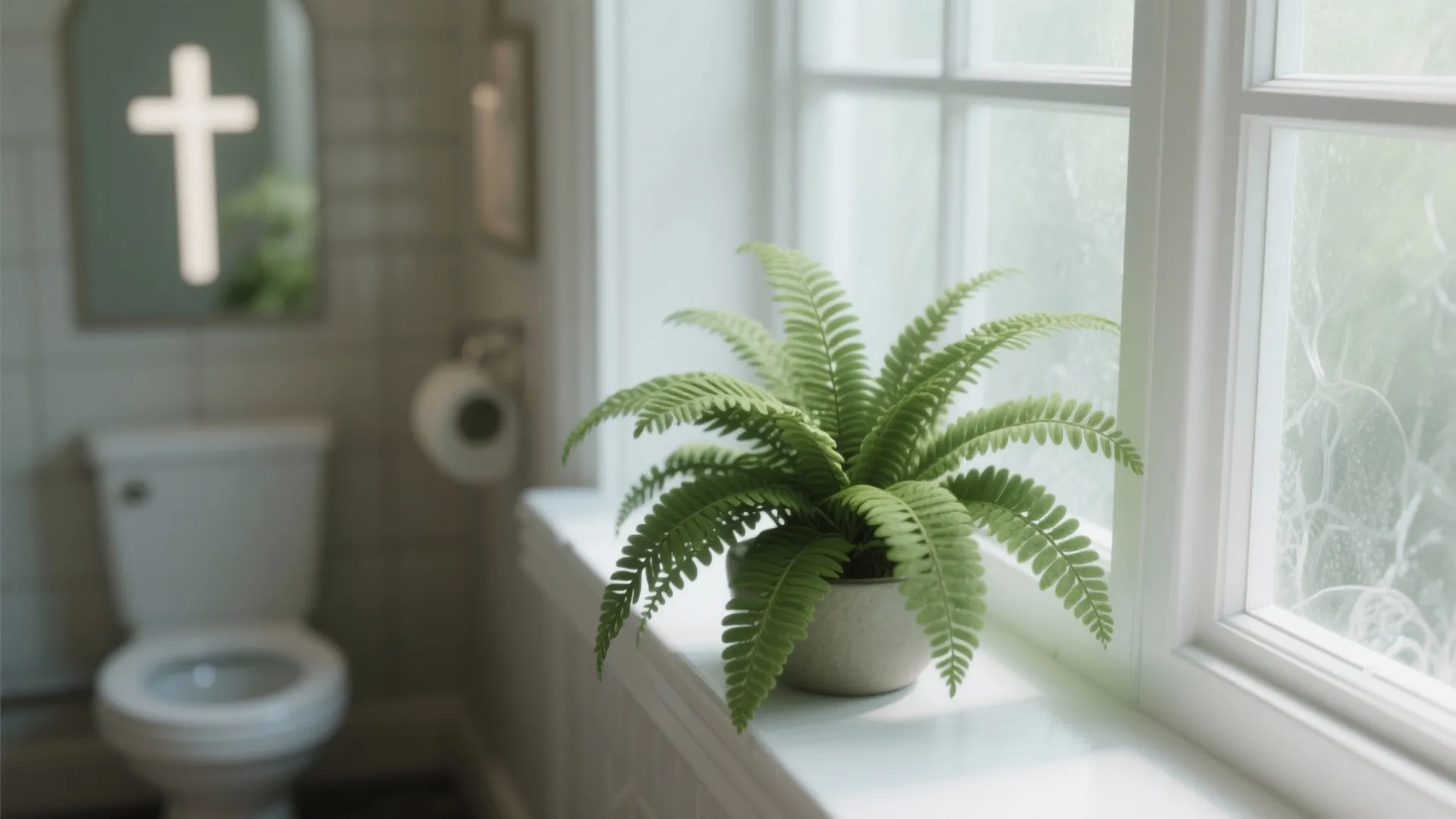 Close-up of green fern on bathroom windowsill