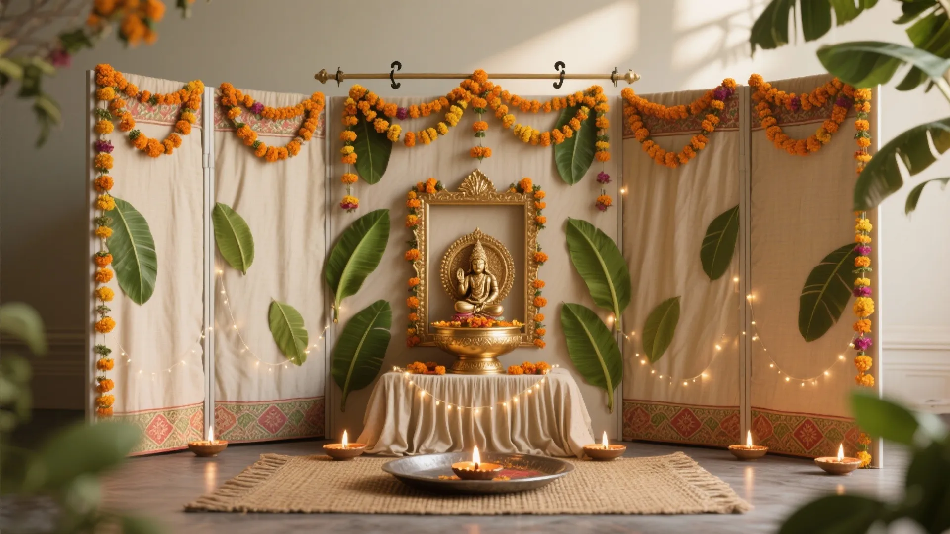 Modular fabric-and-floral backdrop for festivals