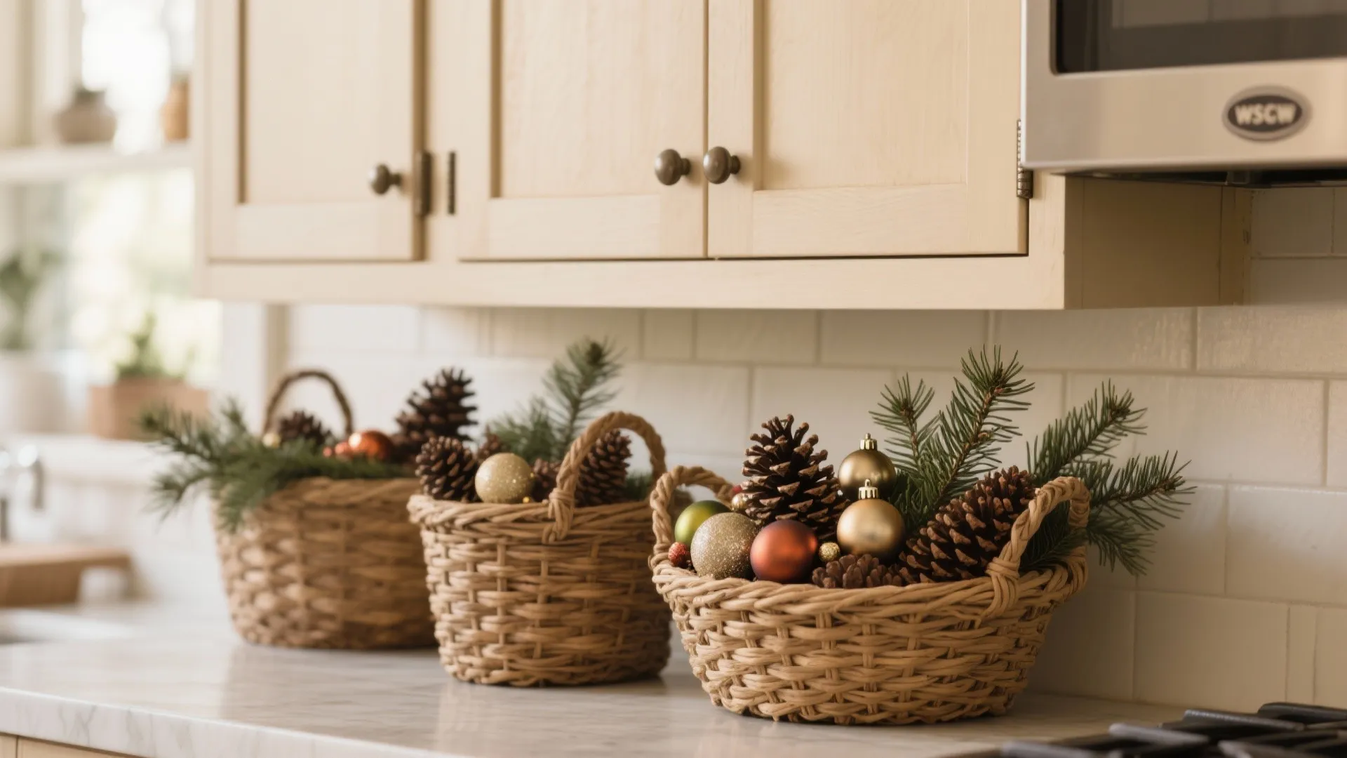 Woven baskets with pinecones and baubles above cabinets