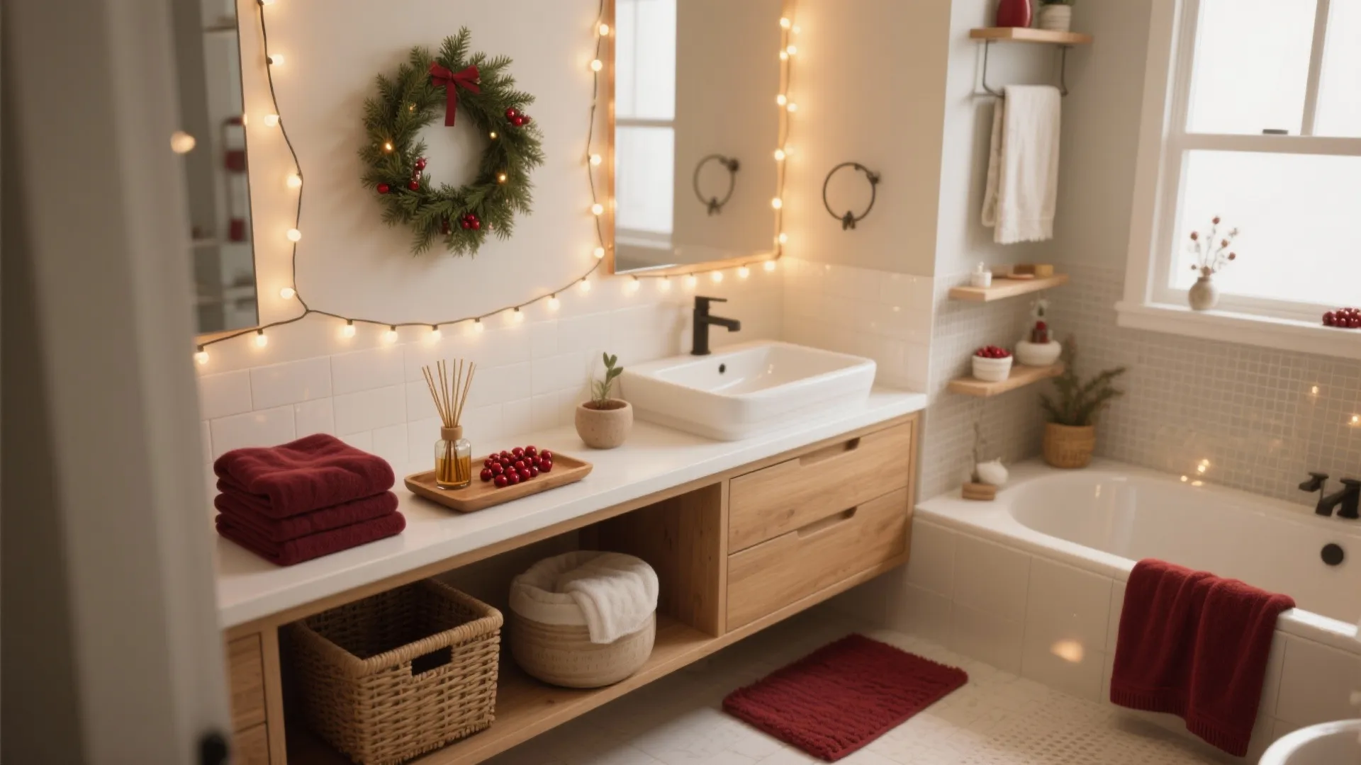 Festive bathroom interior with Christmas wreath, string lights, red towels, and wooden vanity storage cabinets