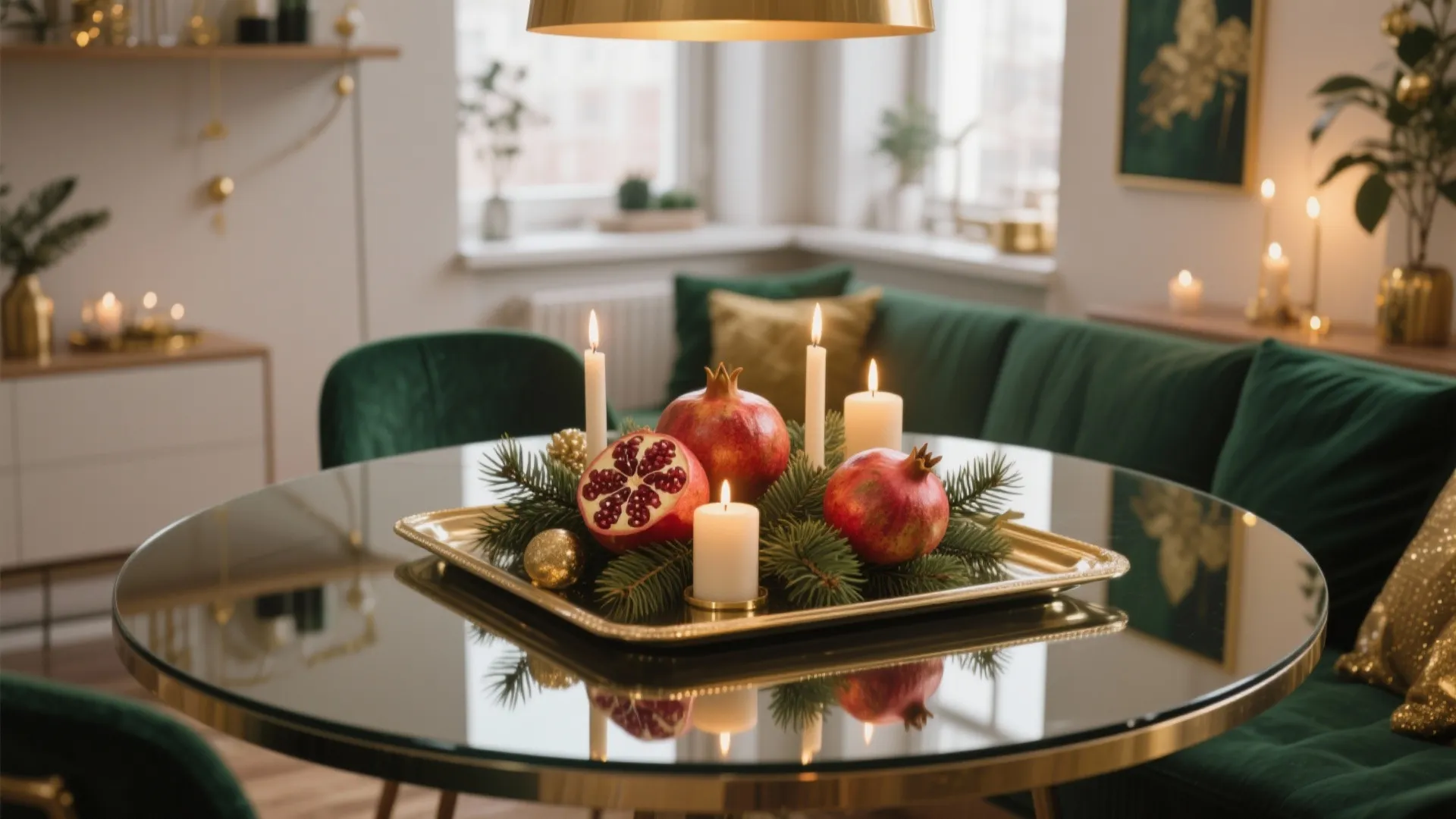 Festive table centerpiece with pomegranates, candles, and greenery
