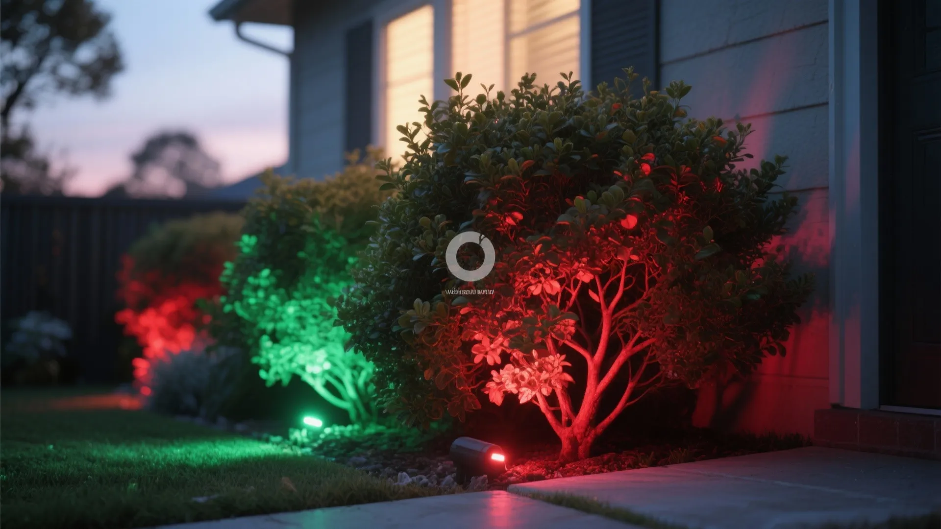 Outdoor garden bushes illuminated with colorful red and green light fixtures during a dark evening