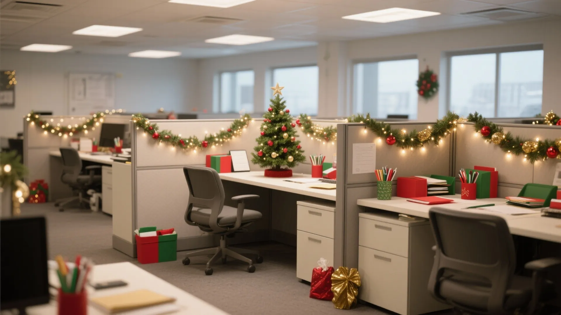Modern office workspace featuring a small Christmas tree garlands and festive red and green supplies