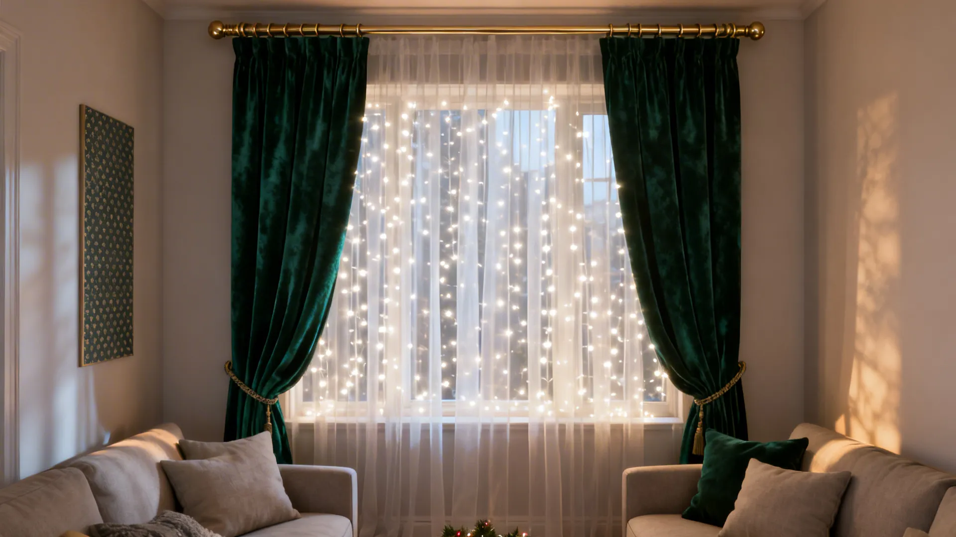 Dark green velvet curtains and sheer white curtains with warm string lights behind two beige sofas
