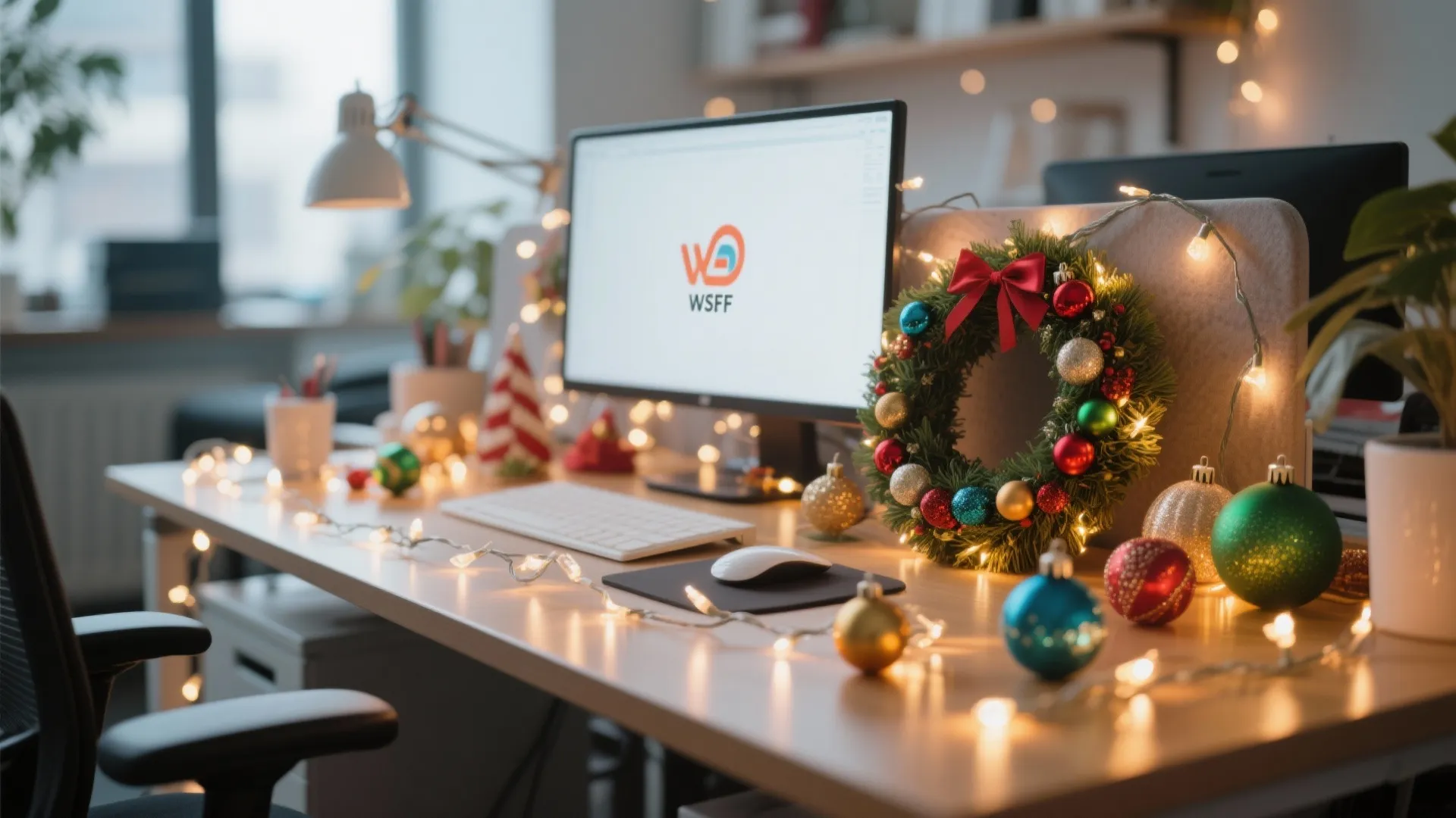 Office desk decorated with a green wreath string lights and colorful ornaments for the holiday