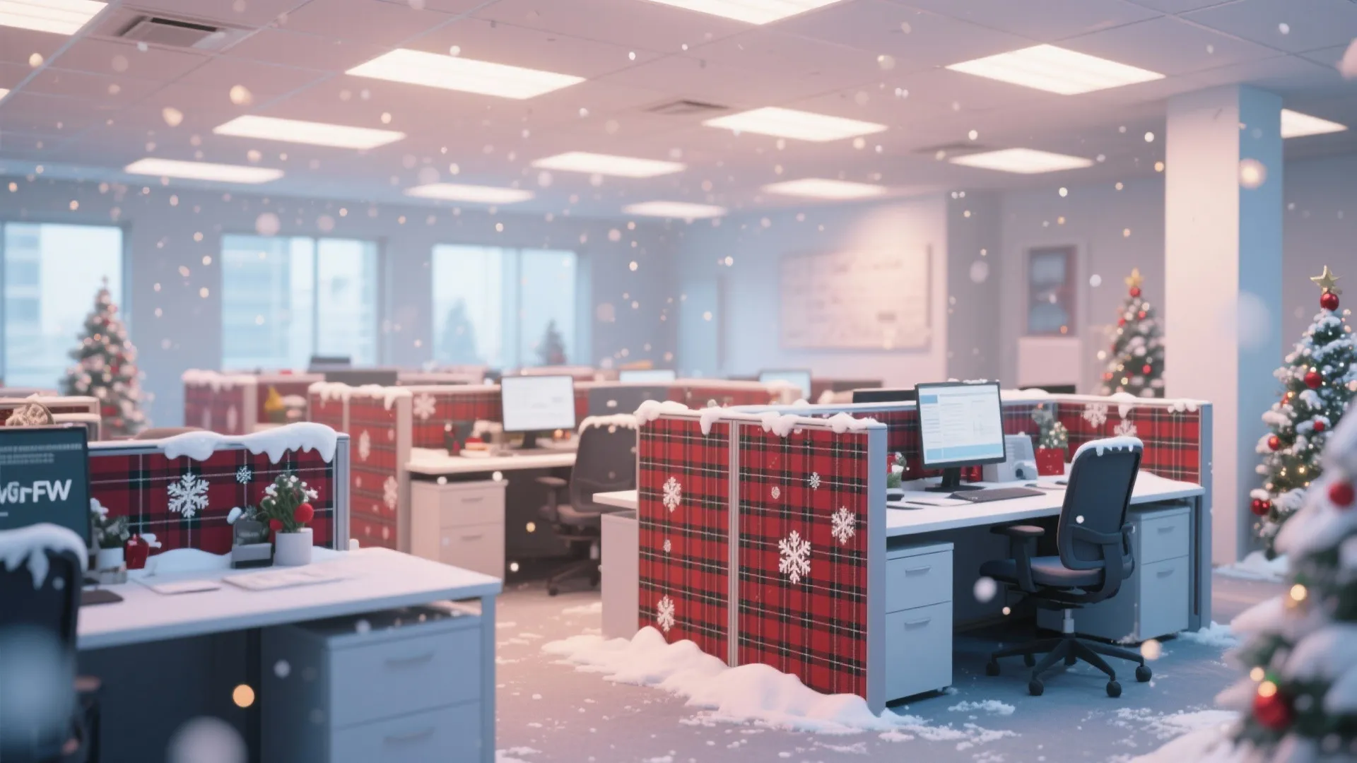 Festive office cubicles featuring red plaid desk dividers with white snowflake patterns and green trees