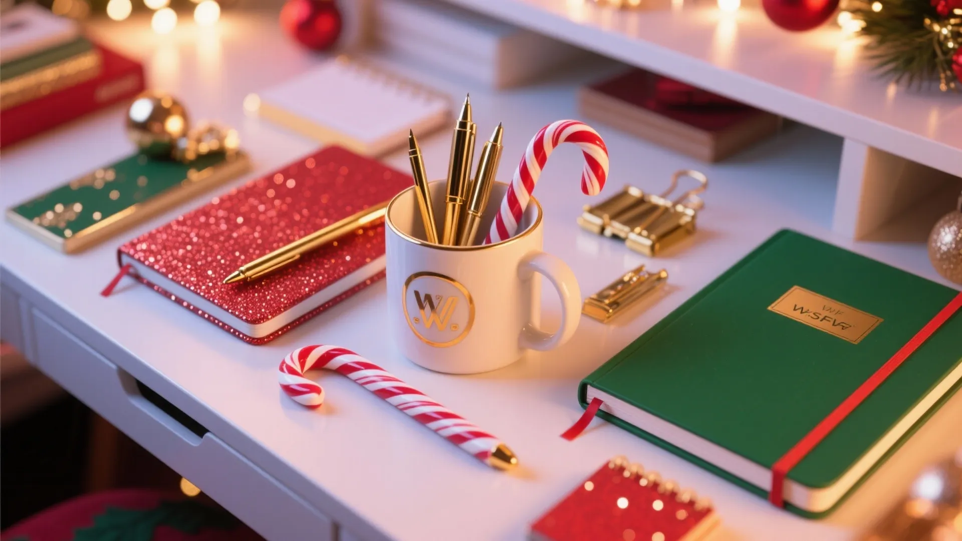 White office desk with red green notebooks gold pens mug and candy canes for Christmas