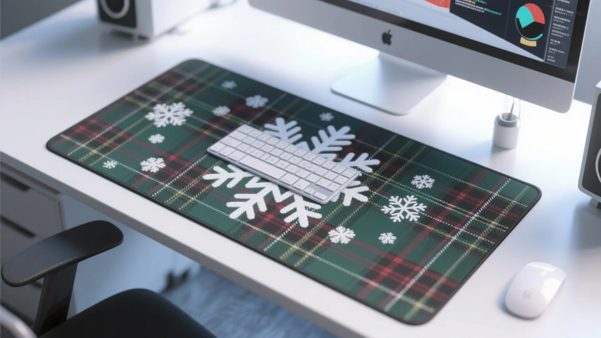 Green plaid desk mat with white snowflake patterns holding a keyboard on a white desk