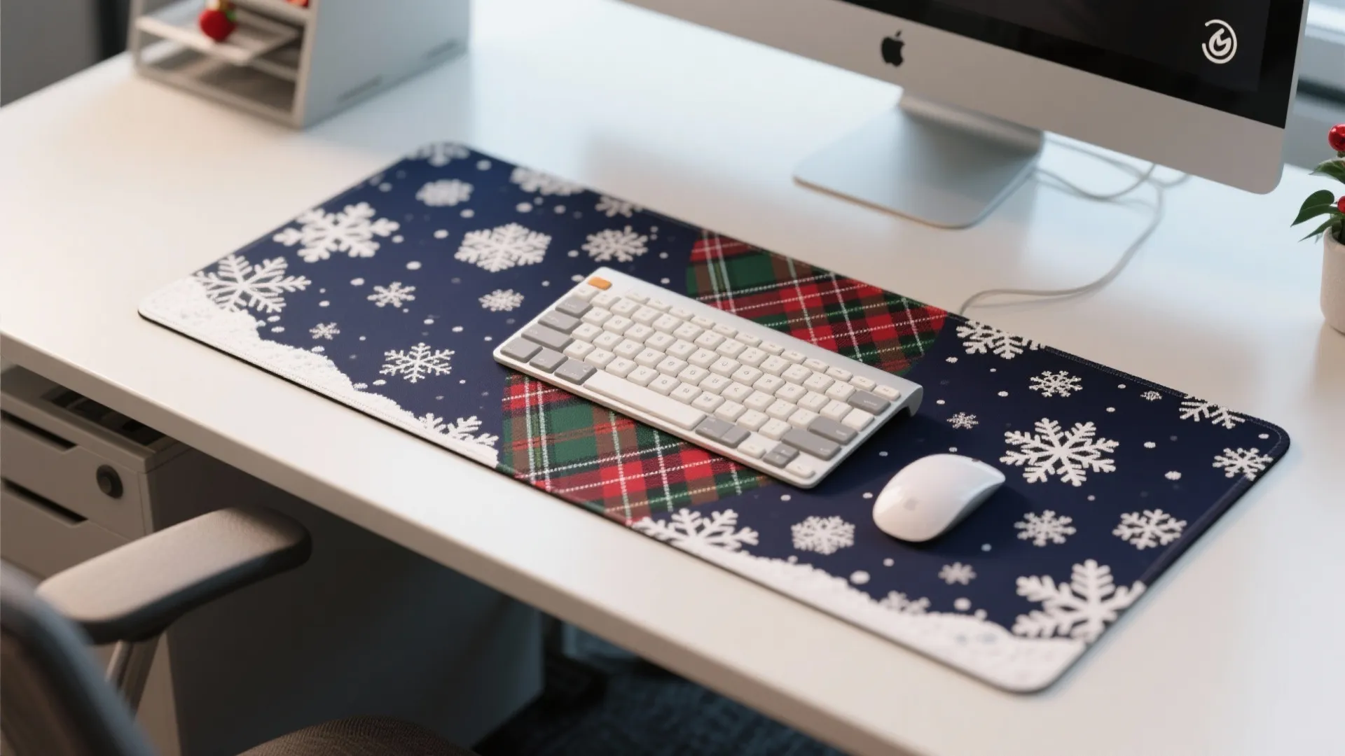 White desk with computer monitor and snowflake pattern desk mat holding a keyboard and mouse