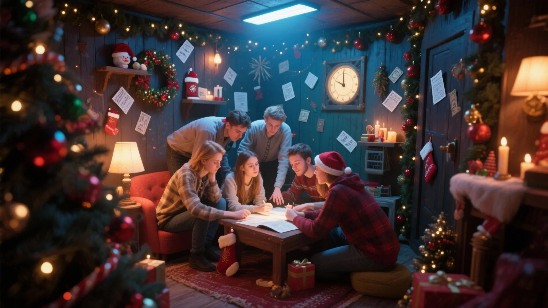 Friends gathering in a cozy Christmas themed room with a wreath and lights solving a puzzle