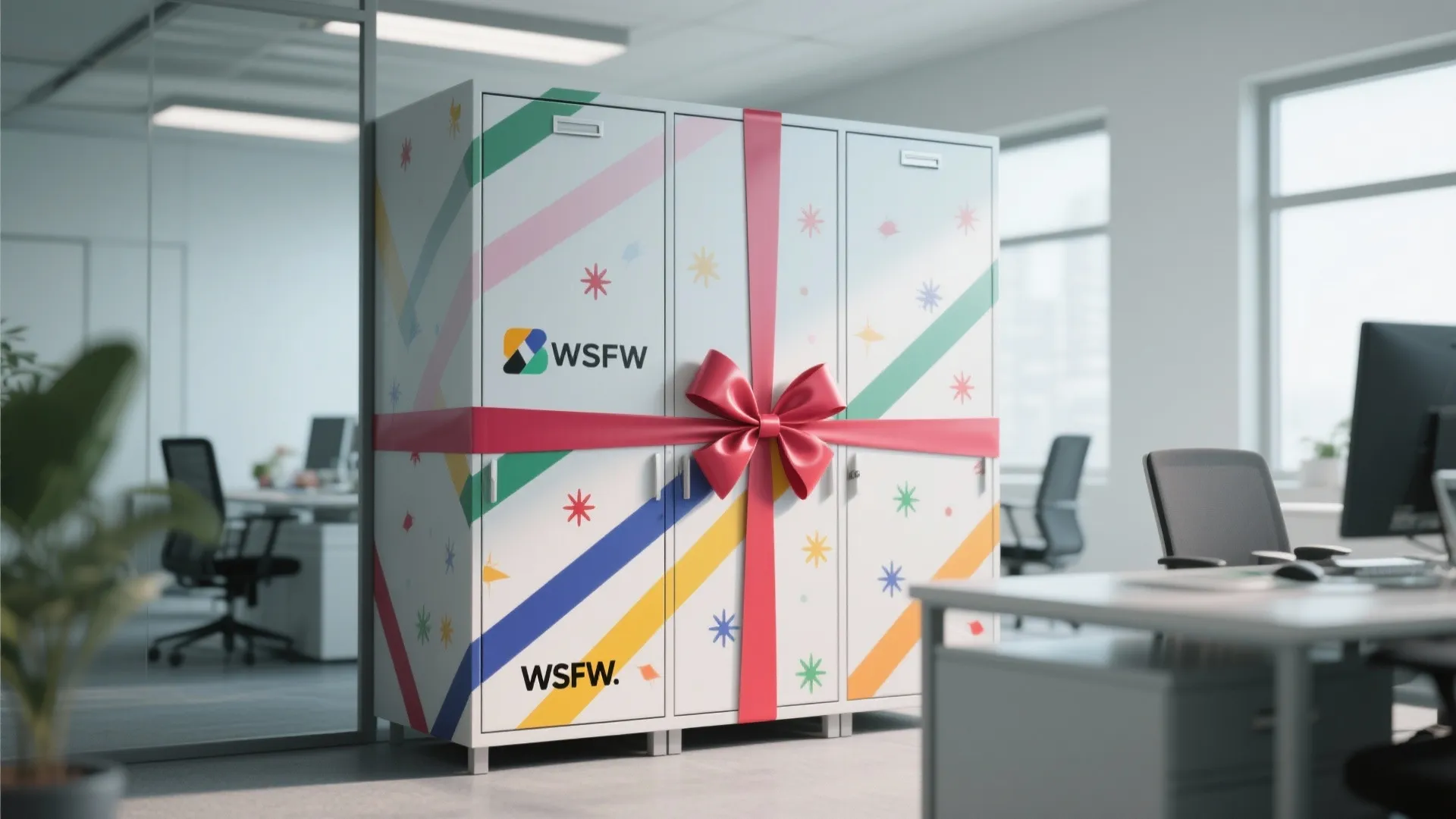 White office storage cabinet wrapped like a gift with red ribbon bow and colorful patterns