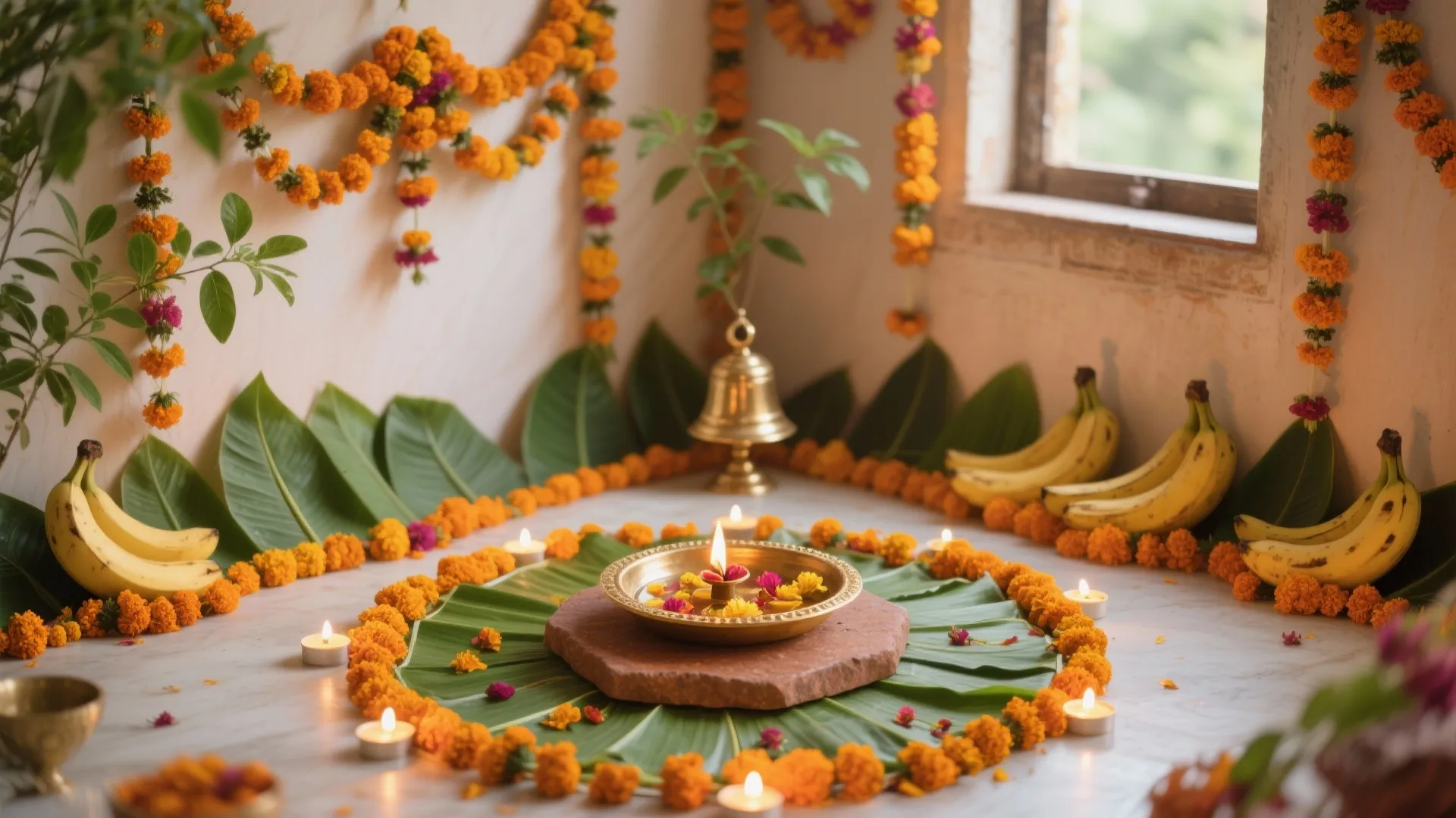 Festive layers: marigold, rangoli, and soft light