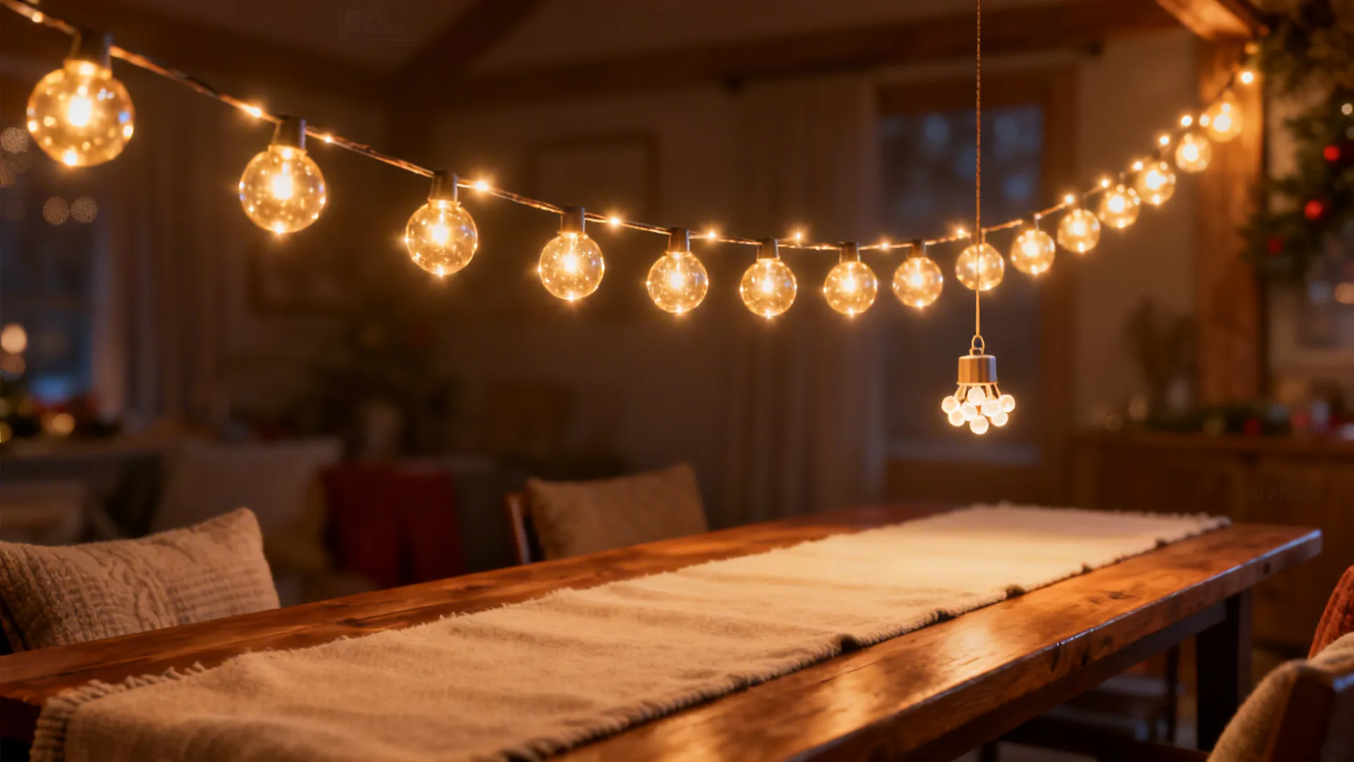 Warm round string lights hanging over a wooden dining table with a white table runner