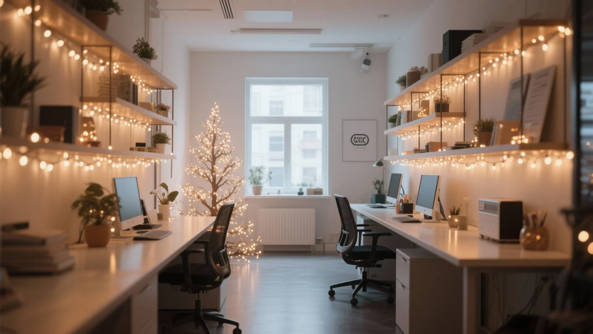 Office with two desks, computers, warm string lights on shelves and a glowing Christmas tree