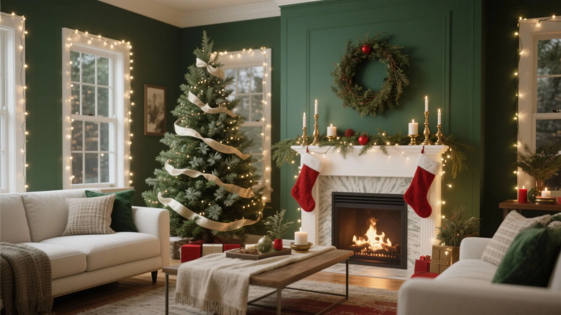 Living room with green walls featuring decorated Christmas tree fireplace white sofas and cozy holiday lights