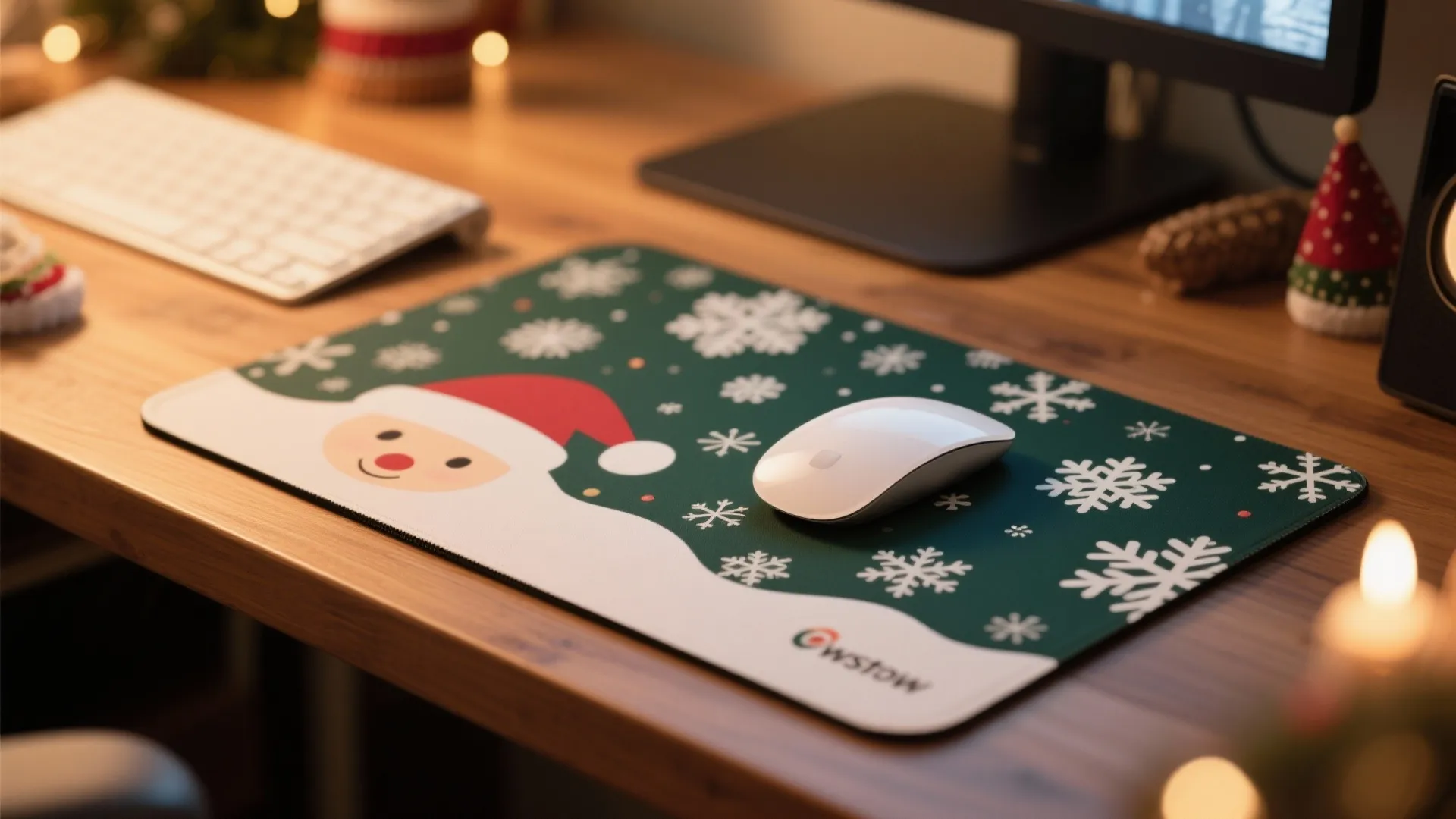 Green mouse pad with Santa and snowflake patterns on a wood desk with computer mouse