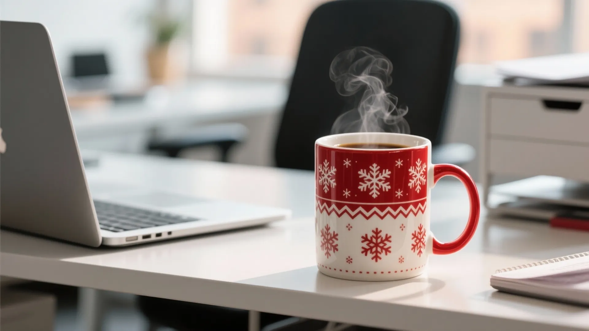 Steaming hot coffee in a red festive snowflake mug placed on a white office desk