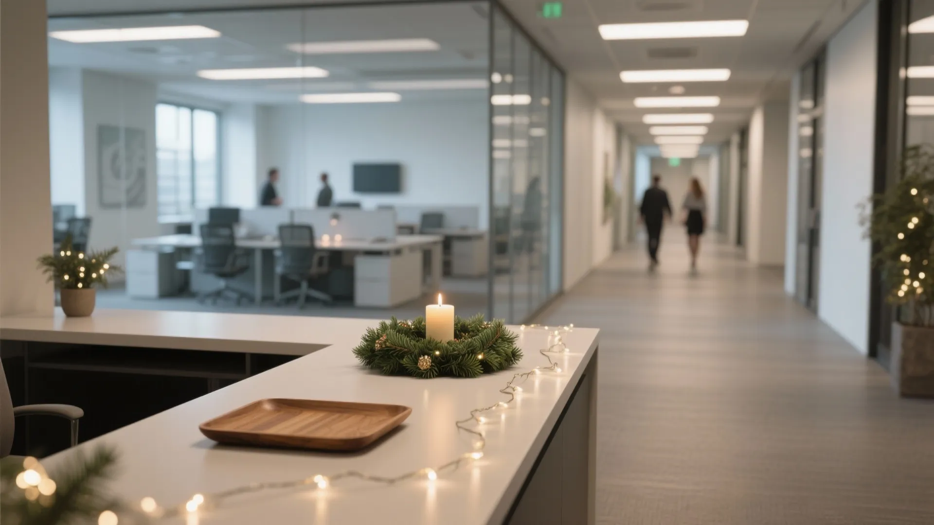 Bright office interior showing a white counter with a lit candle wreath and festive string lights