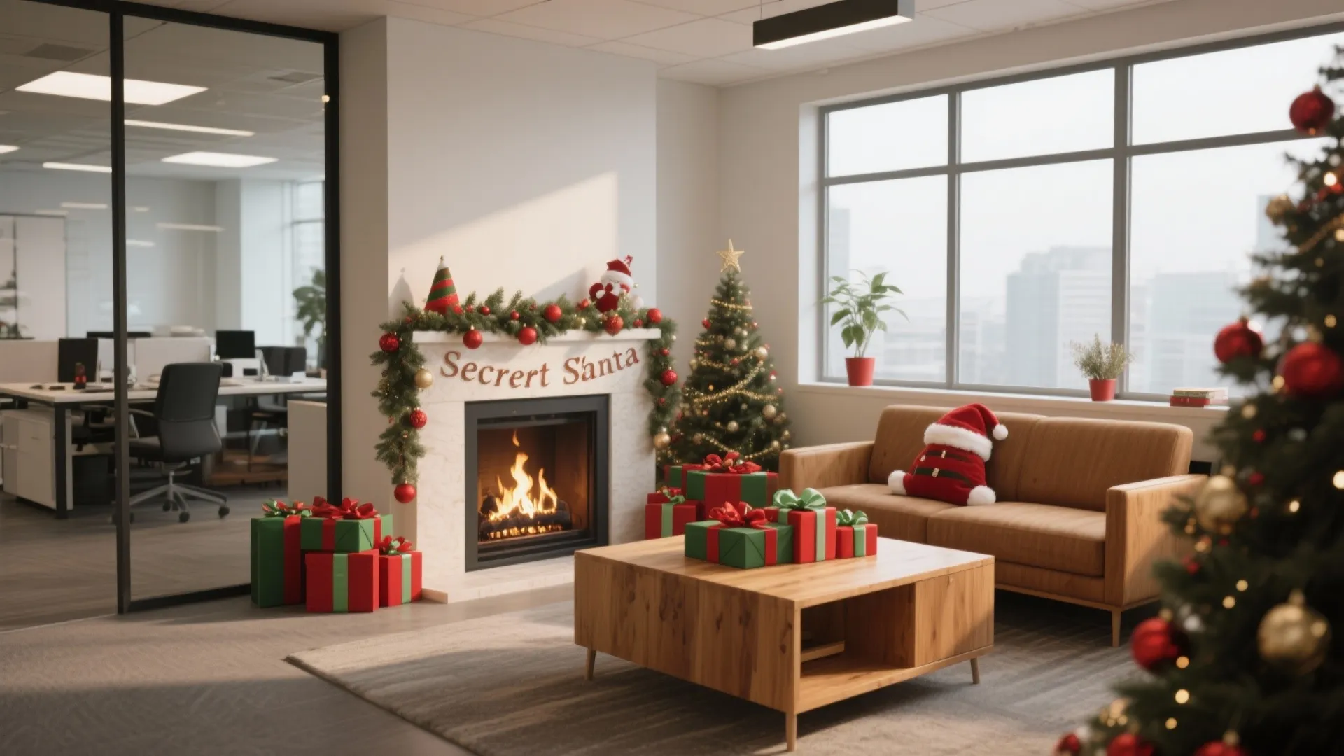 Modern office interior with fireplace decorated for Christmas including wrapped gifts and a green tree