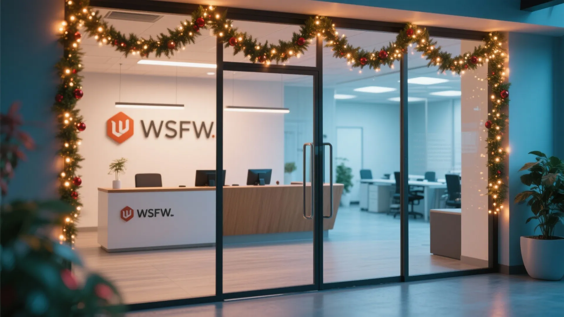 Office reception entrance with glass door decorated with green garland warm lights and company logo