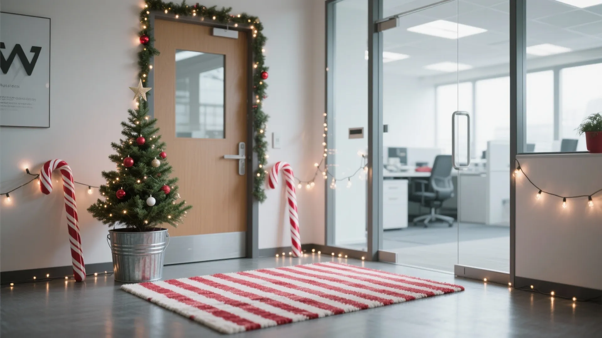 Bright office entryway with candy cane rug, tree, and string lights