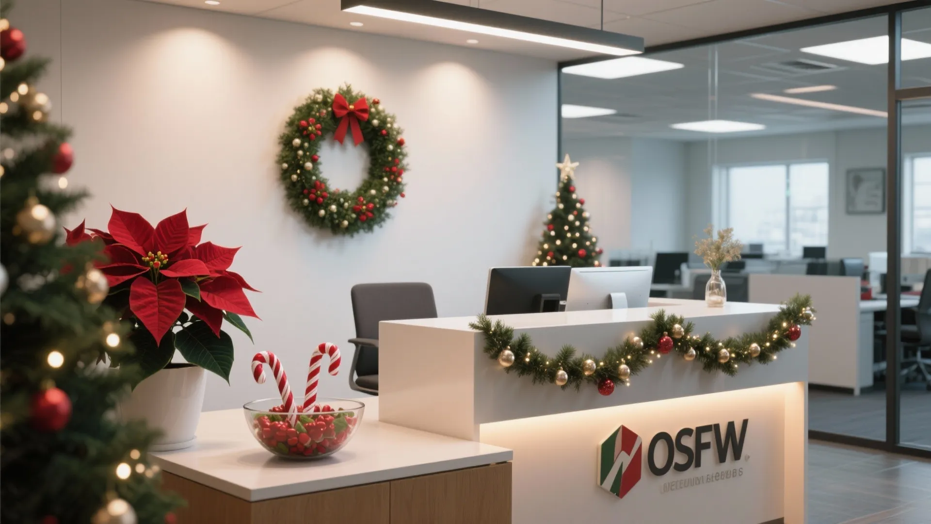 Office reception desk decorated with holiday garland, red flowers, wall wreath, and small Christmas tree