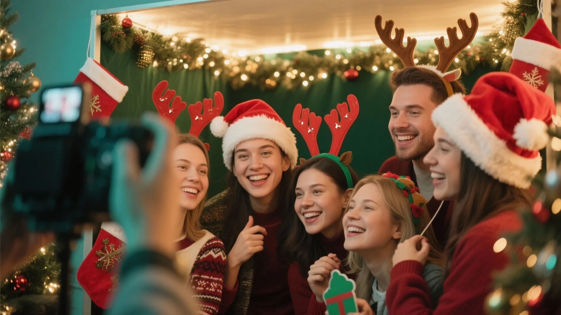 Friends wearing Santa hats and reindeer headbands smiling for camera in a festive Christmas booth