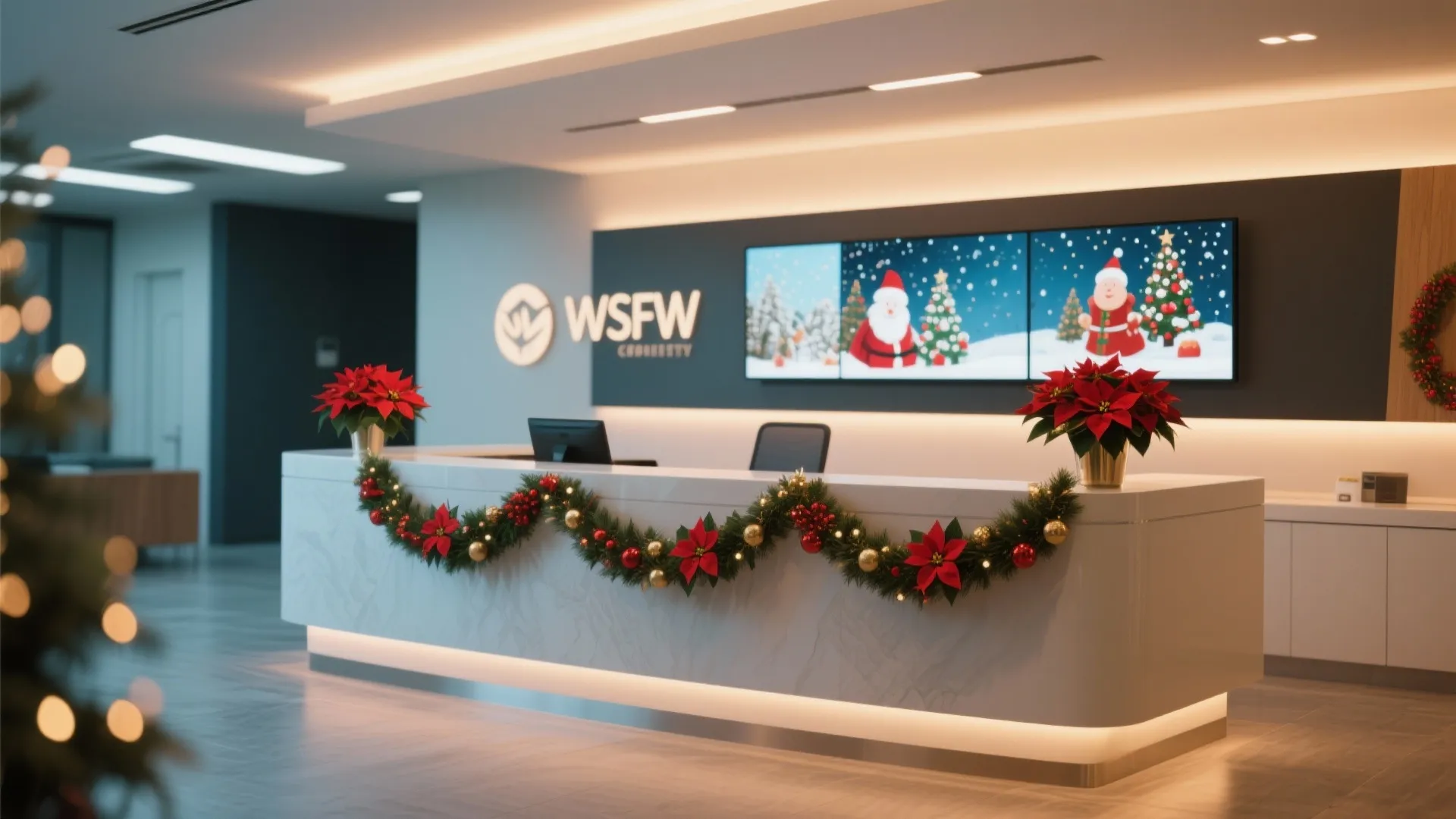 Modern office reception desk decorated with Christmas garlands, red poinsettia flowers, and festive digital screens