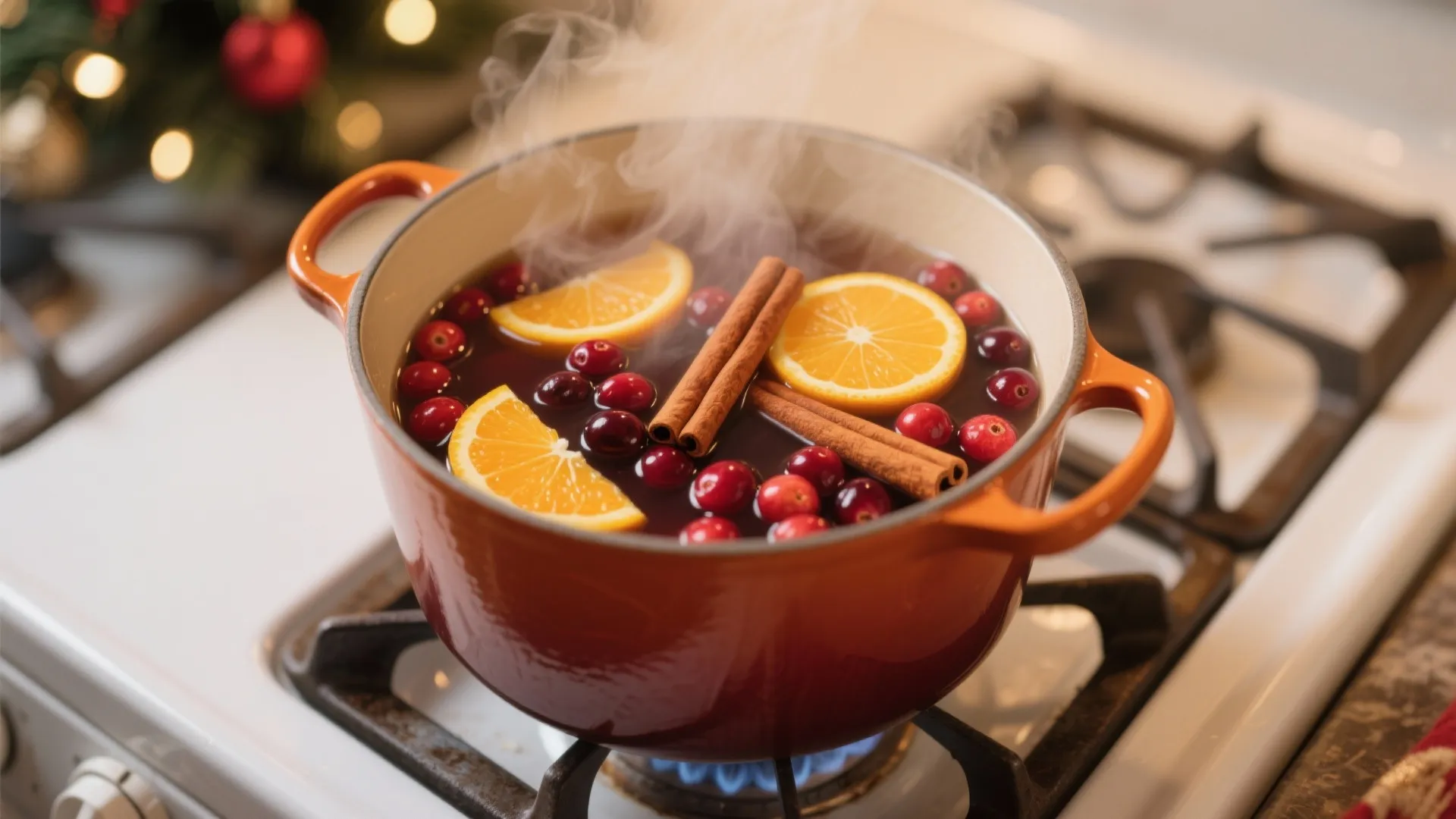 Red cooking pot on a stove containing water with orange slices cinnamon sticks and berries