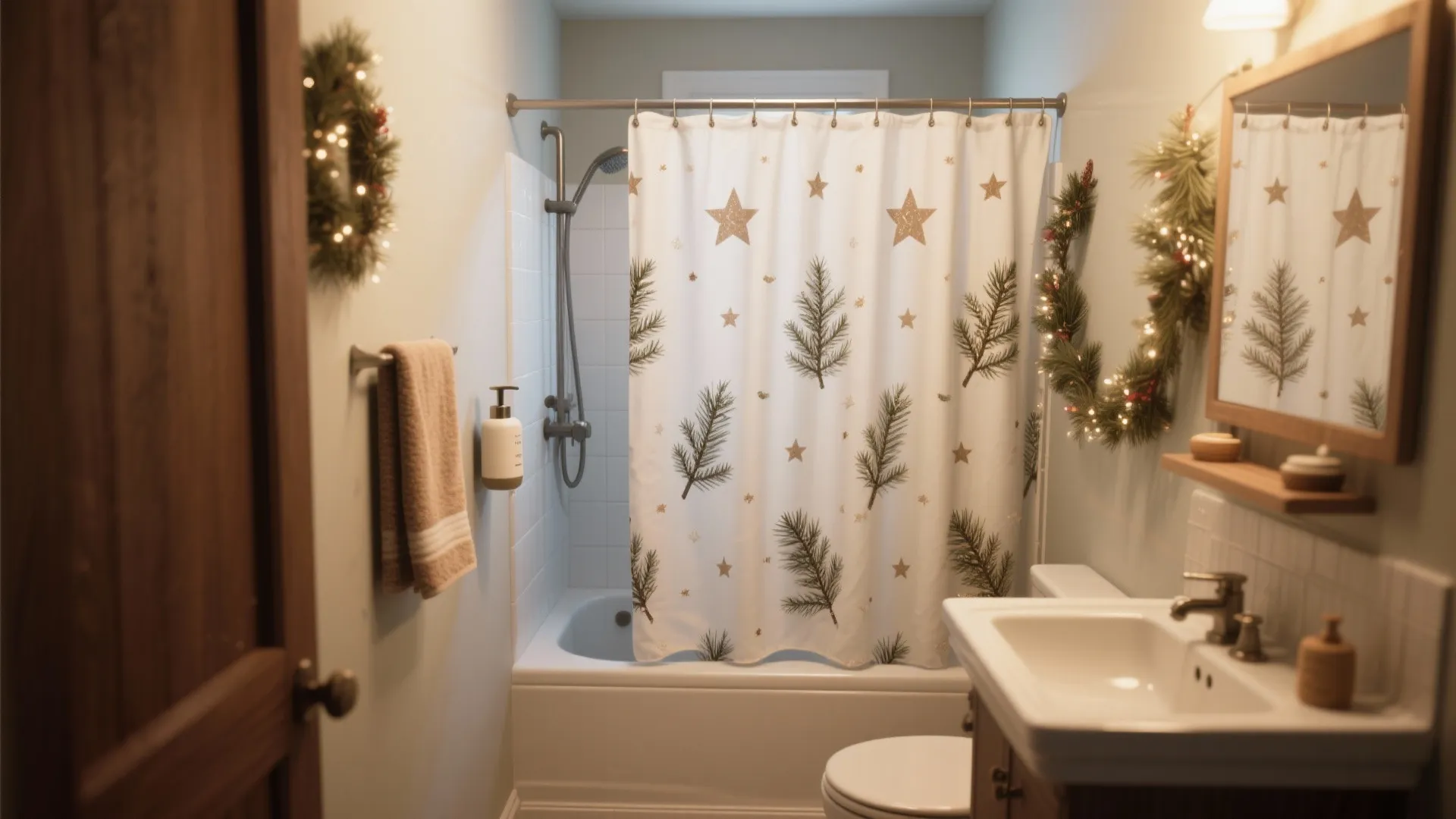 3. Playful patterns: Christmas shower curtain + coordinated linens