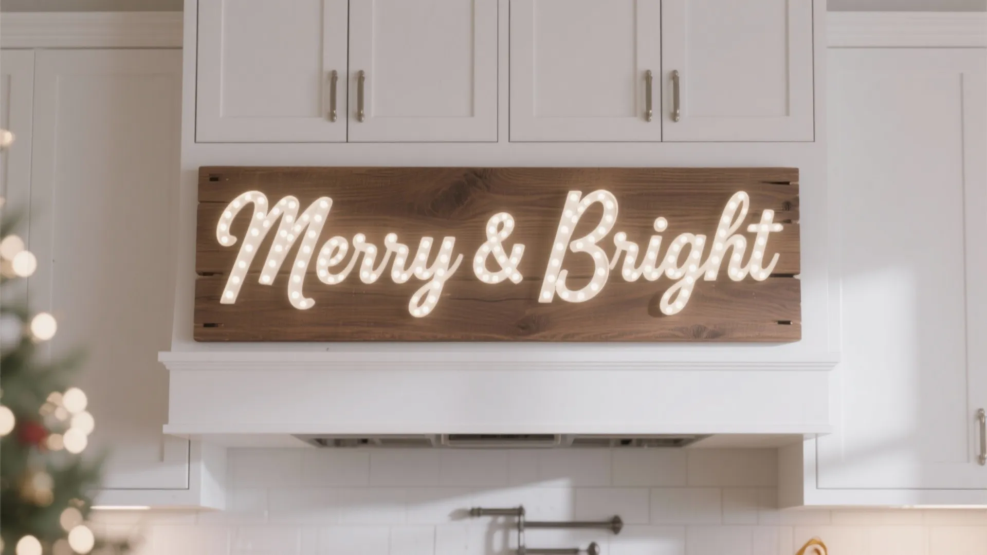 Wooden merry and bright light sign hanging on a white wall in a modern kitchen