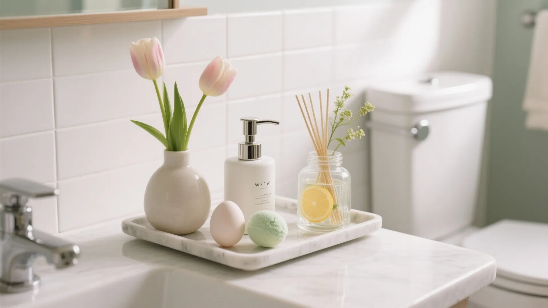 Close-up of a tray vignette with tulips, soap dispenser, and egg-shaped bath bombs in a glass jar on a bathroom surface.