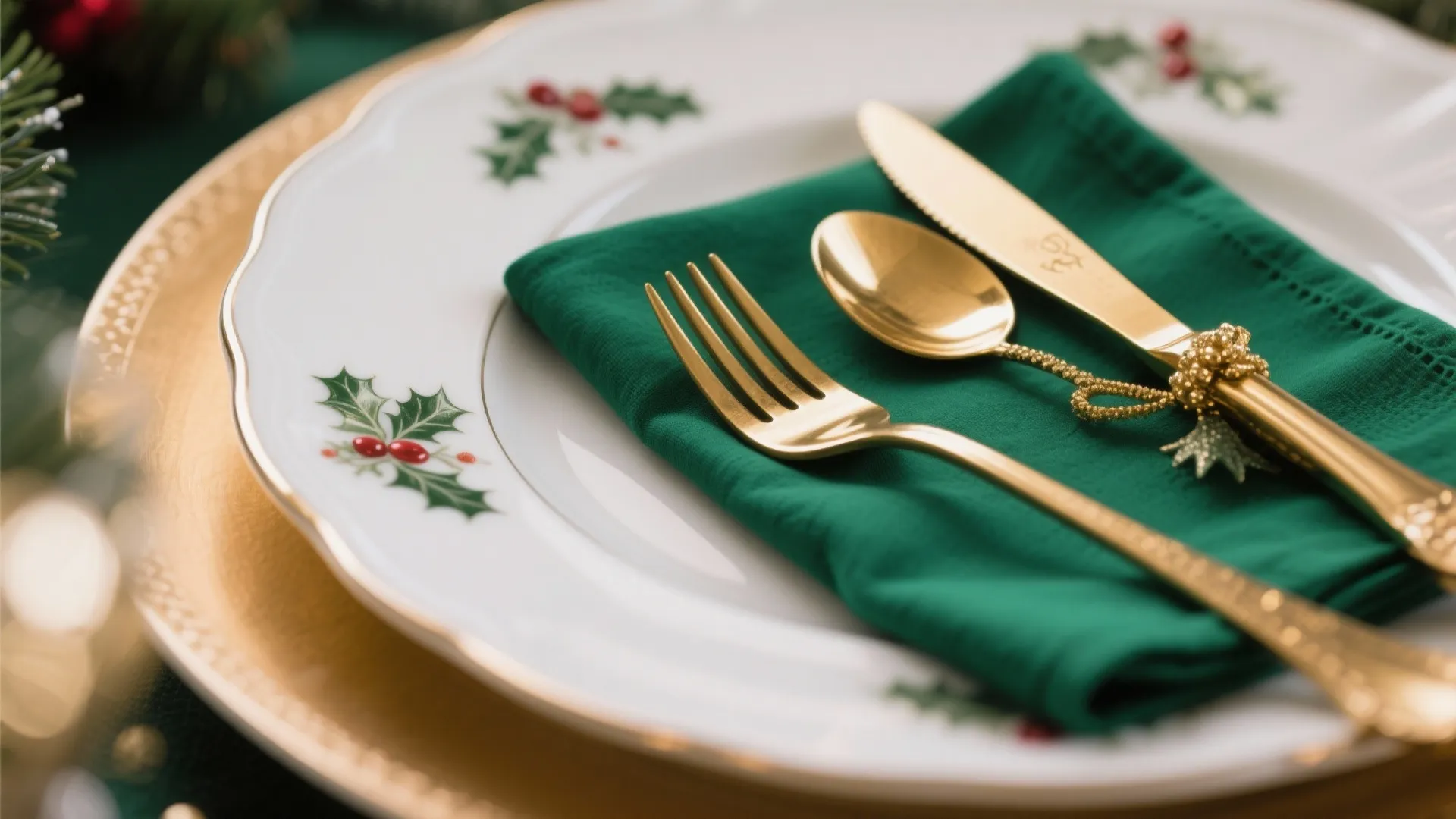Close up of gold fork spoon and knife on green napkin with festive holiday plate