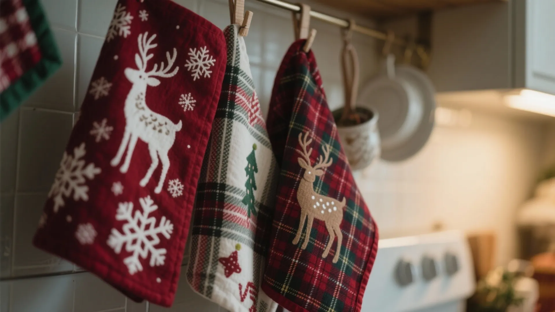 Festive kitchen towels with reindeer and snowflake patterns hanging on a rack for holiday decor