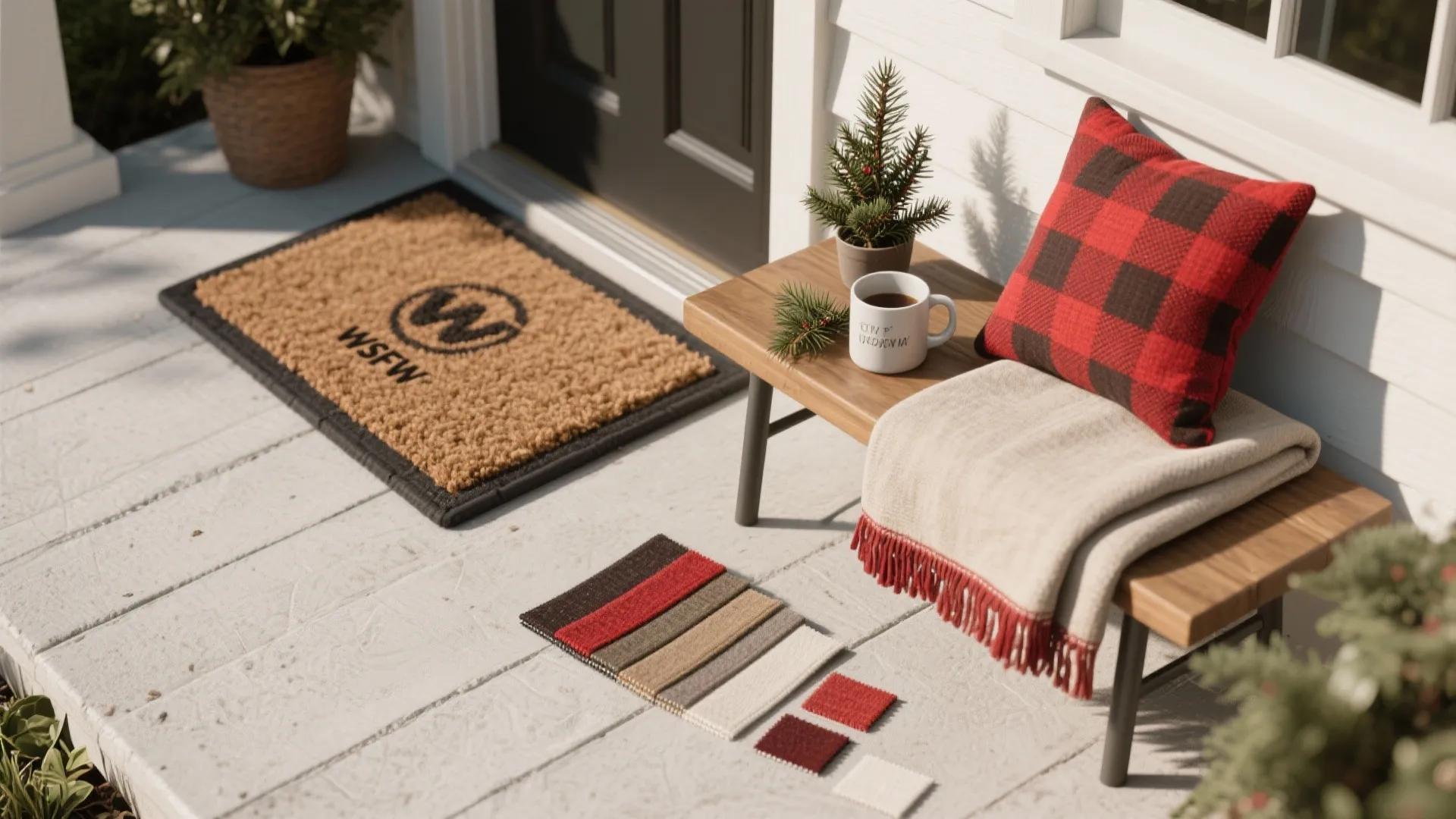 Front porch with welcome mat wooden bench red plaid pillow beige blanket and small potted tree