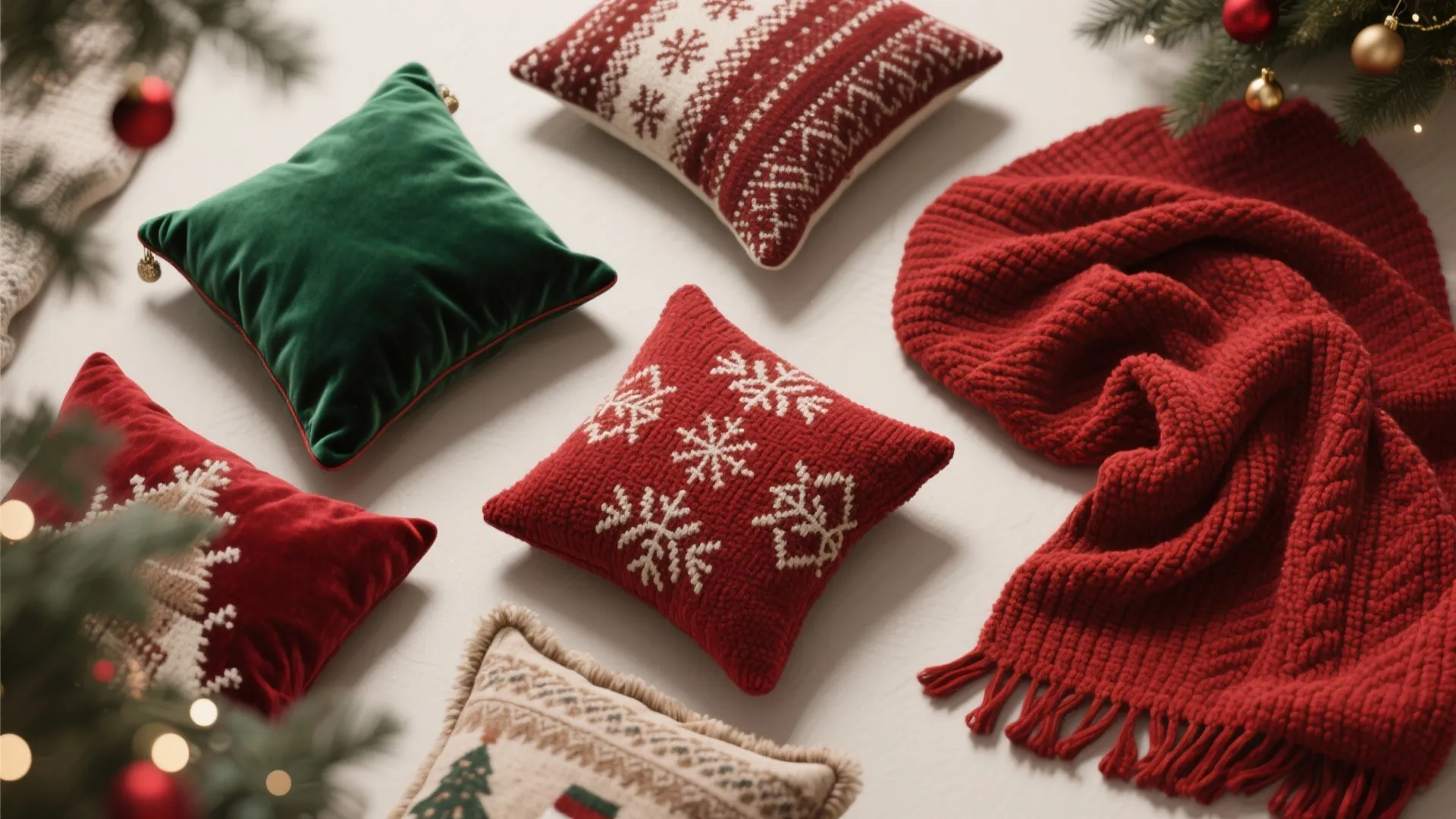Flat lay of velvet emerald pillows and red knitted throws for Christmas