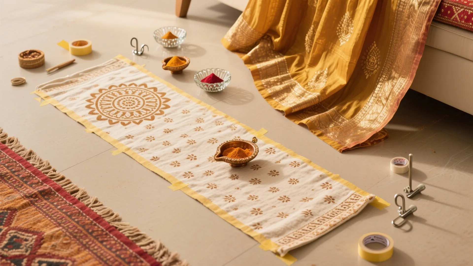 Festive textiles: rangoli, runners, and backdrops