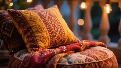 Boho Outdoor Lounge with Warm Textiles & Ambient Lighting
