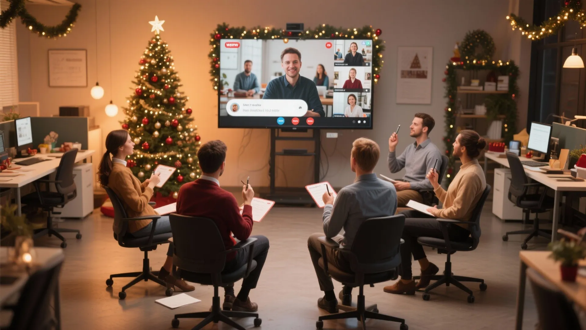 Office workers sitting in a circle having a video call on screen near christmas tree