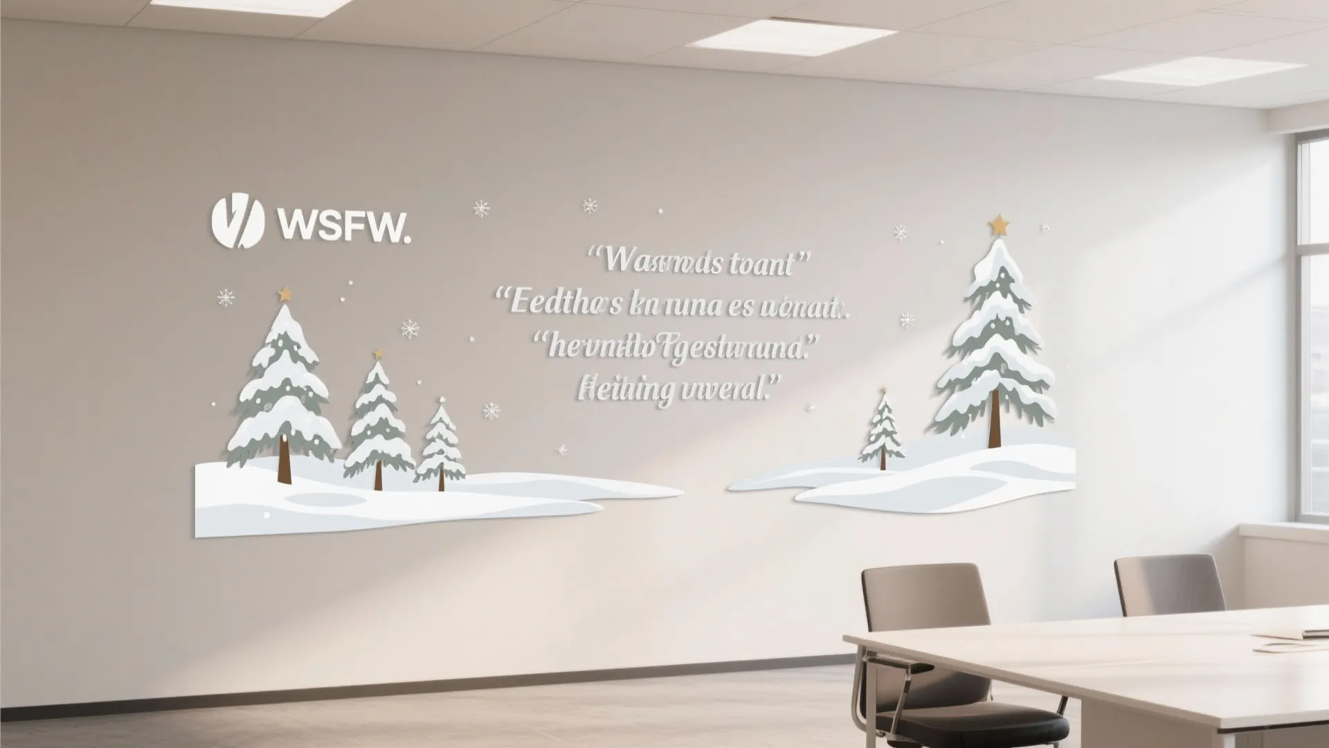 Meeting room wall featuring winter themed decals with snow covered trees and white snowflake patterns