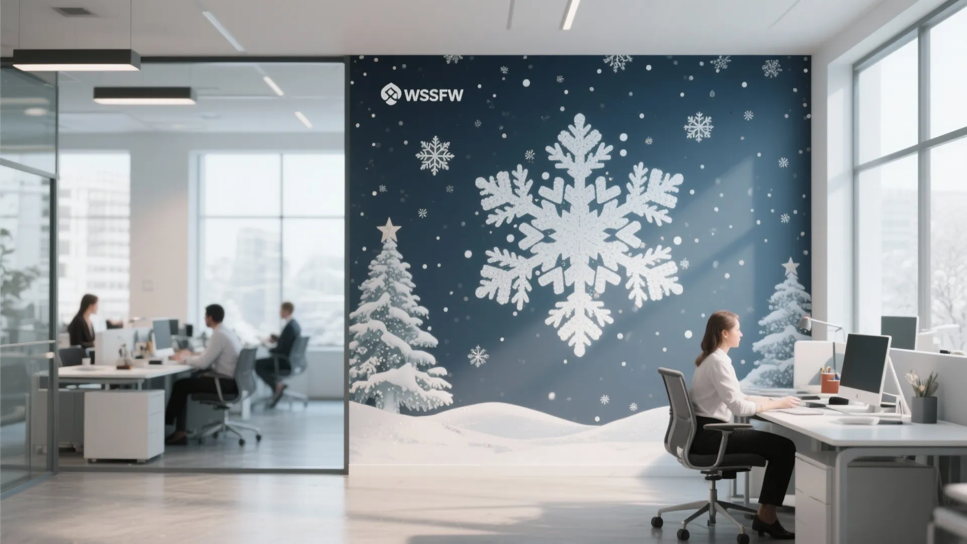 Large blue wall mural with a giant white snowflake and snowy trees in a bright office
