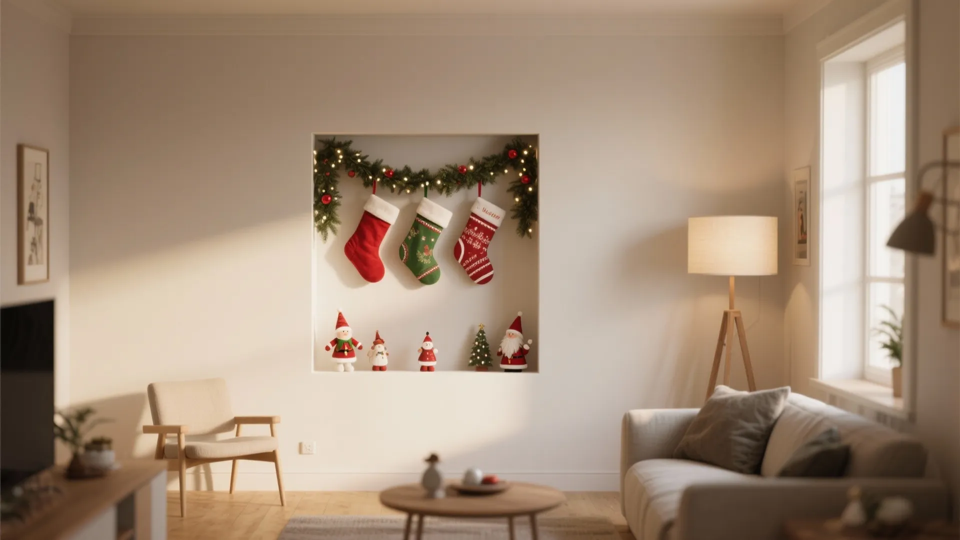 Wall niche with stockings and garlands in small living room