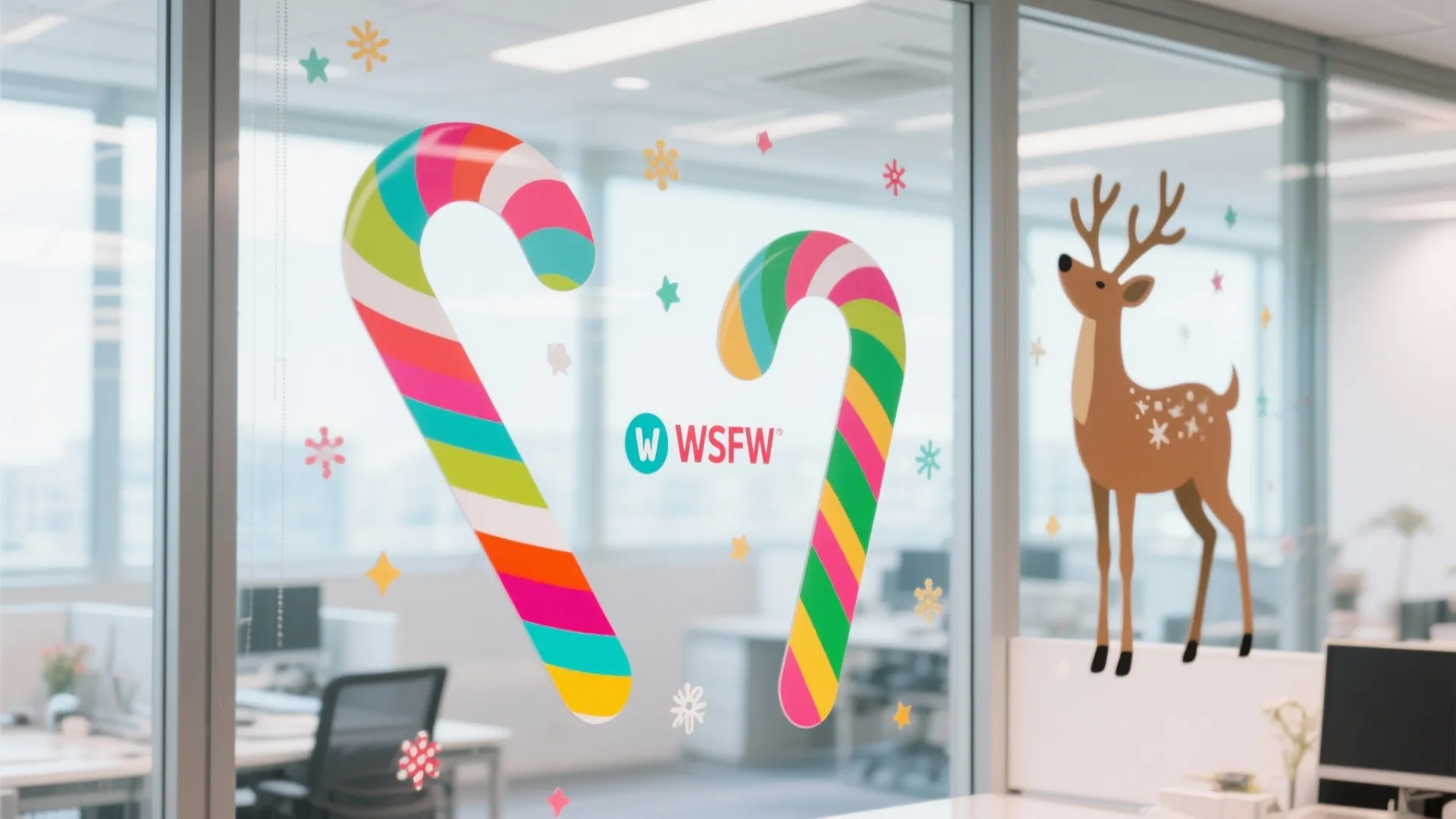 Office glass partition decorated with festive candy canes and deer stickers creating a holiday theme