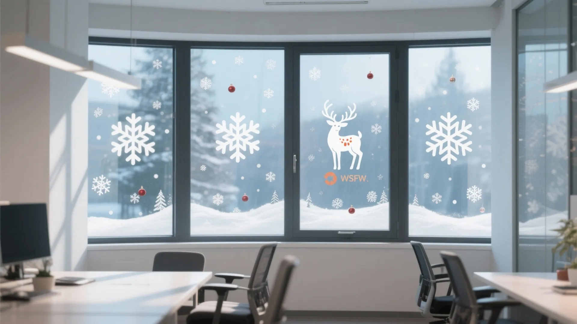 Large office windows decorated with white snowflake decals a reindeer sticker and snowy winter view